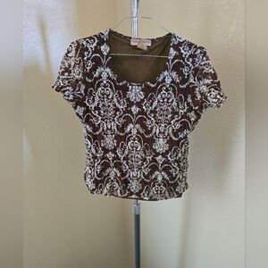 Notations Brown & Creme Patterned Short Sleeve Blouse
